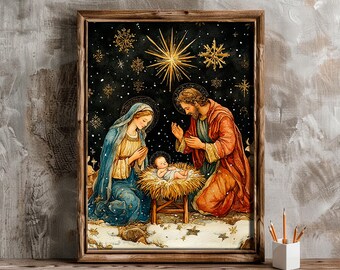 Affiche Toile Sainte Famille - Décoration Murale Noël Chrétien, Style Vintage - Neuf