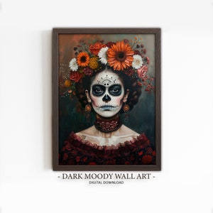 Póster de calavera de Catrina, Día de los Muertos, pintura de arte popular mexicano colorido, arte de pared imprimible, descarga digital