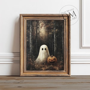 Ghost and Pumpkin Printable Wall Art, Gothic Halloween Haunted Forest Print, Vintage Digital Download