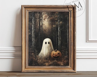 Geist und Kürbis druckbare Wandkunst, Gothic Halloween Haunted Forest Druck, digitaler Download