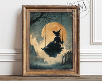 Cuadro de la noche de Halloween, lámina artística de la luna con columpio de bruja, arte mural gótico digital imprimible