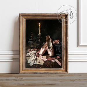 Coquette Ballet Still Life, Printable Dark Moody Wall Art, Vintage Pink Pointe Shoes and Candle Print, Digital Download
