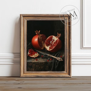 Romantic Dark Academia Still Life, Printable Dark Moody Wall Art, Baroque Pomegranate Print, Digital Download