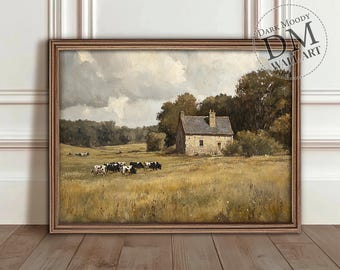 Französische Landschaft druckbare Wandkunst, rustikale Bauernhauslandschaft mit Kühen, Vintage digitaler Download