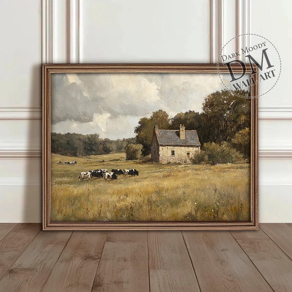 French Countryside Printable Wall Art, Rustic Farmhouse Landscape with Cows, Vintage Digital Download