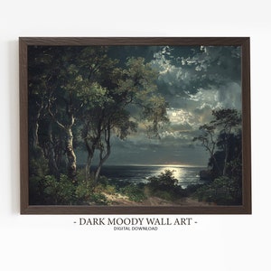 Moonlit Forest Seascape, Printable Dark Moody Wall Art, Night Ocean Landscape Print, Digital Download