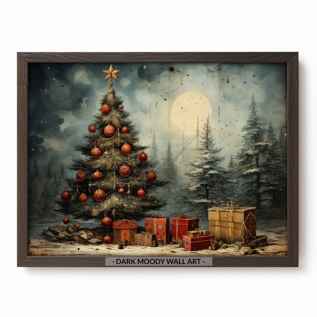 Vintage Christmas Tree Illustration Print, Rustic Holiday Wall Art