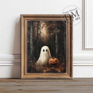 Impresión de bosque oscuro con fantasmas, arte de pared de Halloween vintage imprimible, impresión de cottagecore oscuro, arte rústico de granja, decoración de academia oscura
