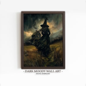 Halloween Witch Wall Art, Printable Dark Moody Wall Art, Gothic Autumn House Print, Digital Download