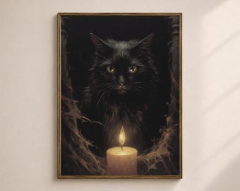 Black Cat Wall Art Printable, Moody Gothic Cat Portrait Print, Dark Academia Bedroom Decor