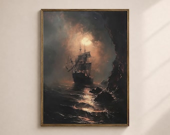 May include: A framed painting depicts a tall ship sailing through a stormy sea. The artwork features a dark color palette with a dramatic sky and illuminated water. The ship is silhouetted against a bright, glowing light.