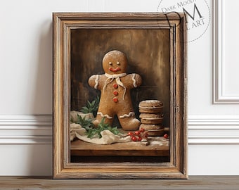 Gingerbread Man Printable Wall Art, Vintage Christmas Kitchen Print, Digital Download