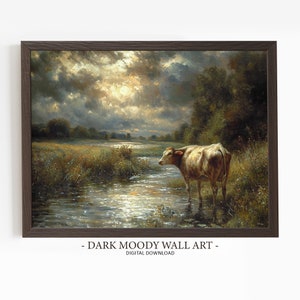 Rustic Cow Painting, Vintage Farmhouse Artwork, Dark Moody Stormy Landscape Print, Digital Printable
