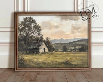 Cuadro vintage imprimible de casa de campo, paisaje de granja con granero antiguo, impresión artística para pared, impresiones digitales descargables