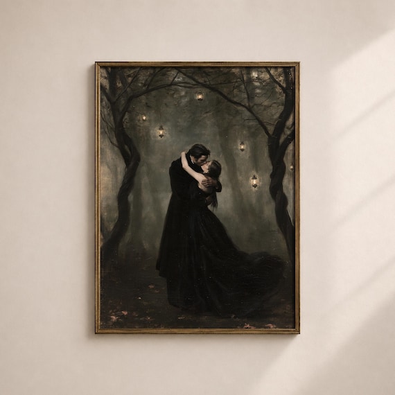 Dark Romance Art, Victorian Couple Kissing in Lantern Forest Painting, Gothic Art Print, Printable Digital Wall Art