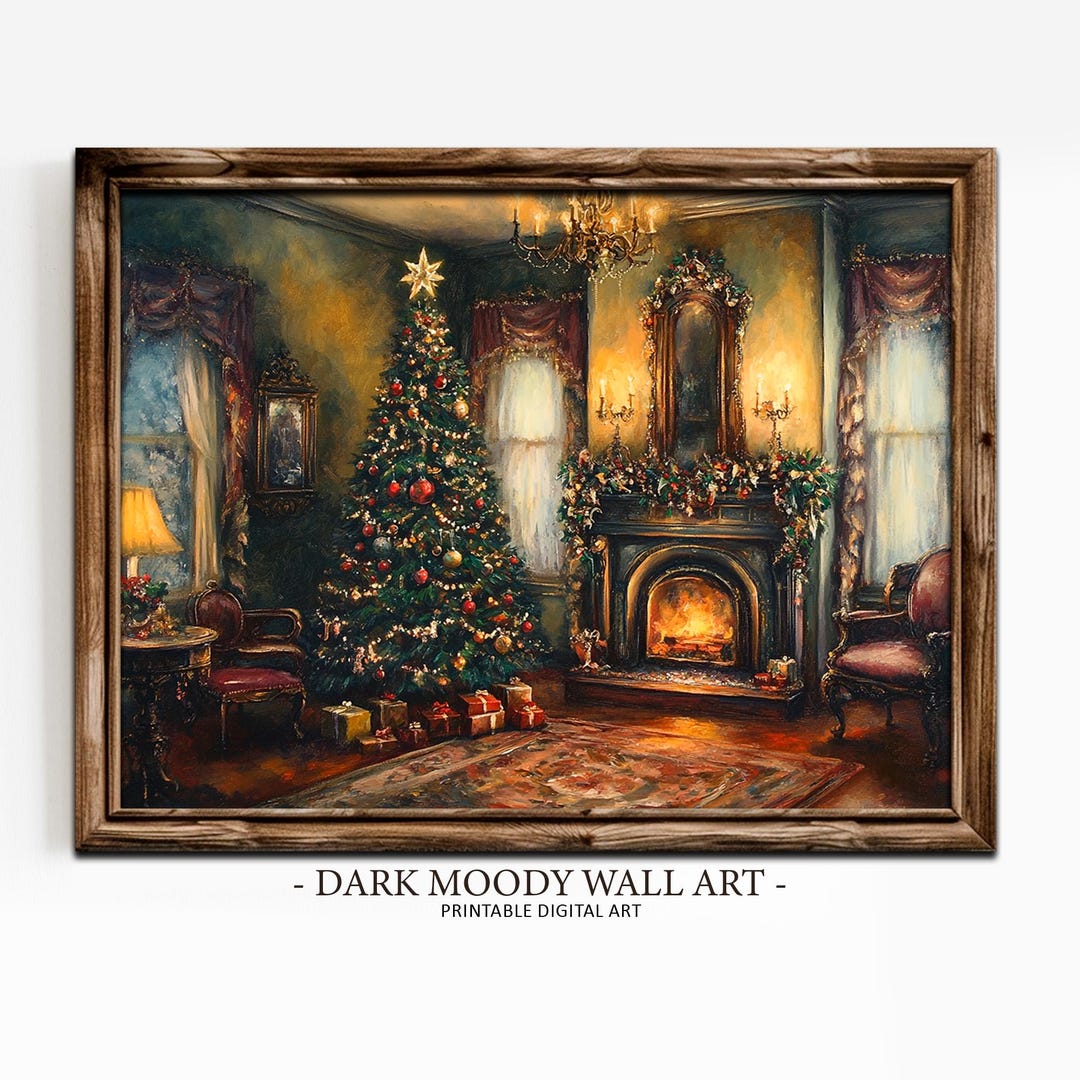 Victorian Christmas Living Room, Printable Dark Moody Wall Art ...