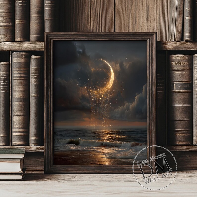 Crescent Moon Ocean Printable Wall Art, Moody Celestial Night Sky ...