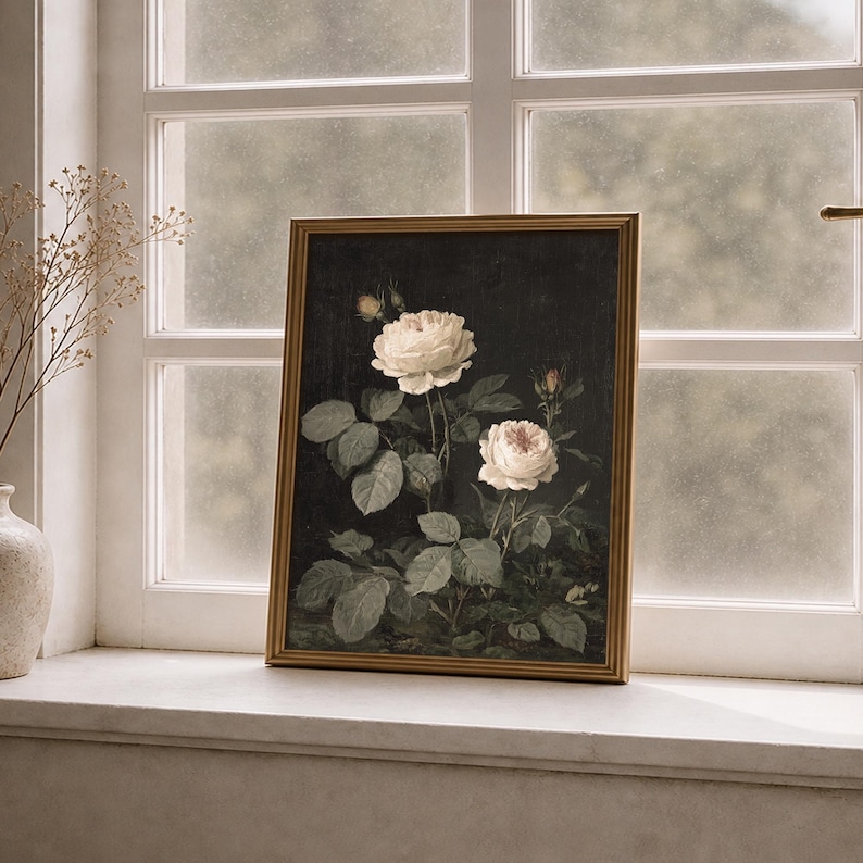 White Rose Wall Art Printable, Moody Botanical Floral Print, Dark ...