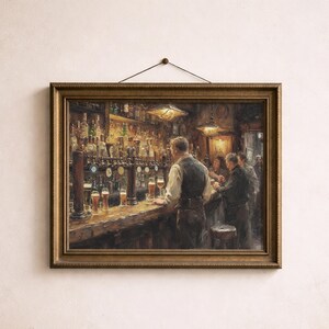 Pu&ograve; includere: Dipinto incorniciato di una scena da pub. Un barista serve i clienti, con spillatrici di birra e bicchieri sul bancone. L'opera d'arte ha una calda tavolozza di colori che cattura l'atmosfera del pub.