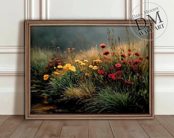 Wildblumen Wiese Wand Kunst Druckbare, Stimmungsvolle Blumenlandschaft, Rustikale Cottagecore Dekor