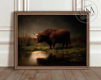 Scottish Highland Cow Printable Wall Art, Vintage Moody Animal Landscape, Digital Download
