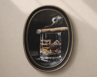 Könnte beinhalten: Oval gerahmtes Gemälde eines Whiskeyglases mit Eiswürfeln und einer brennenden Zigarre. Die Zigarre liegt auf dem Glas, mit aufsteigendem Rauch. Der Rahmen ist schwarz mit goldfarbenem Rand.