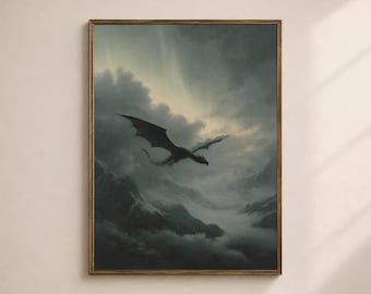 May include: A framed print depicts a dragon soaring through a cloudy, mountainous landscape. The dragon is silhouetted against the sky, with its wings spread wide. The artwork has a vintage, fantasy theme, with a dark color palette.