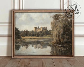 Afdrukbare muurkunst Engels kasteel, gotisch middeleeuws landschap meerafdruk, vintage digitale download