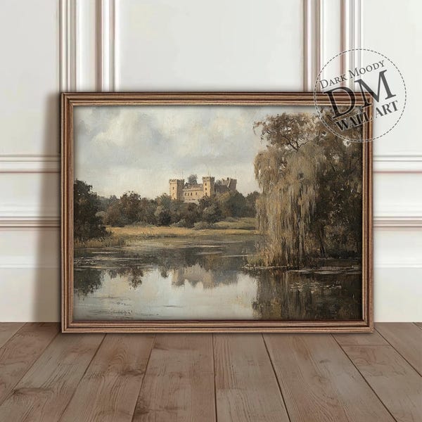 English Castle Printable Wall Art, Gothic Medieval Landscape Lake Print, Vintage Digital Download