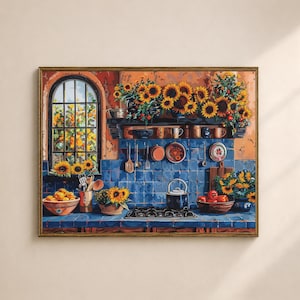 May include: A framed painting of a kitchen scene with blue tile, sunflowers, and fruit. The kitchen features a window, a shelf with pots and cups, and a stove. The painting has a warm, inviting feel with vibrant colors.