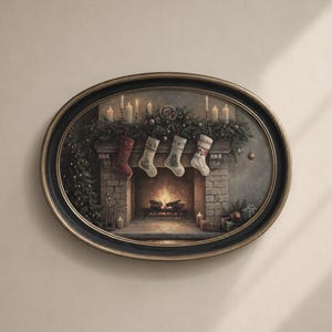 May include: An oval framed painting depicts a cozy Christmas scene. A brick fireplace is adorned with stockings, candles, and festive greenery. A Christmas tree and wrapped gifts add to the holiday ambiance. The frame has a black and gold finish.