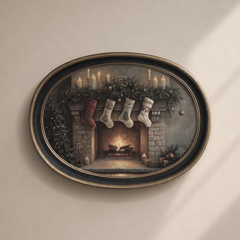 May include: An oval framed painting depicts a cozy Christmas scene. A brick fireplace is adorned with stockings, candles, and festive greenery. A Christmas tree and wrapped gifts add to the holiday ambiance. The frame has a black and gold finish.