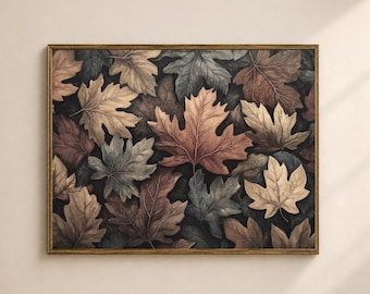 Autumn Leaves Wall Art Printable, Moody Maple Leaf Pattern Print, Rustic Living Room Decor