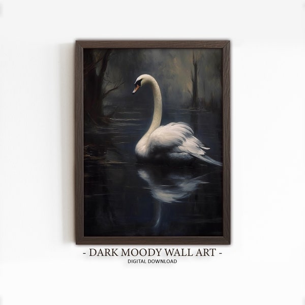 Antique White Swan Painting Dark Moody Wall Art - Vintage Bird Print Dark Academia Decor Animal Printable Oil Painting