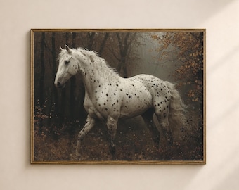 Puede incluir: Impresión enmarcada de un caballo blanco con manchas negras, sobre un fondo de bosque con follaje otoñal. El caballo está en movimiento, con una melena y cola fluidas. El marco es de color oro cálido.