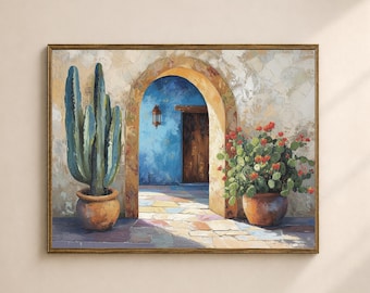 May include: A framed painting depicts a sunlit archway leading to a blue interior with a wooden door and a hanging lantern. A large cactus in a terracotta pot stands to the left, and a flowering plant in a pot is on the right.