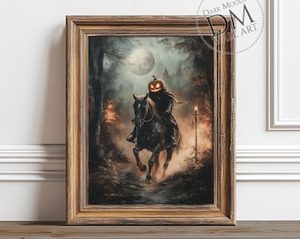 Headless Horseman Halloween Printable Wall Art, Gothic Spooky Pumpkin Rider, Vintage Digital Download