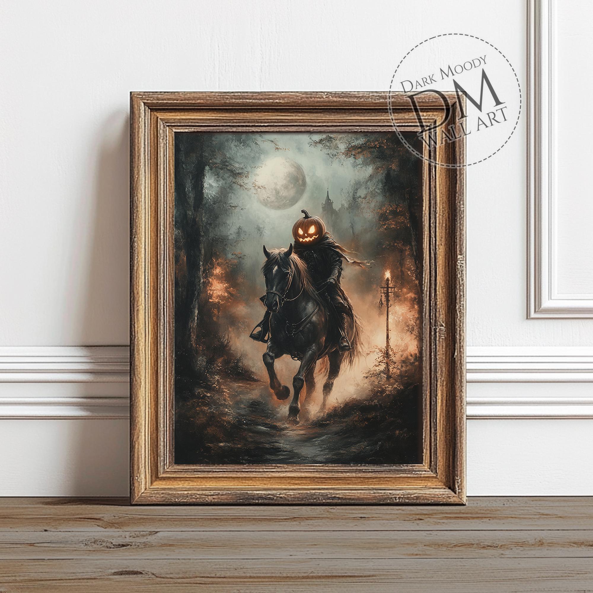 Headless Horseman Halloween Printable Wall Art, Gothic Spooky Pumpkin ...