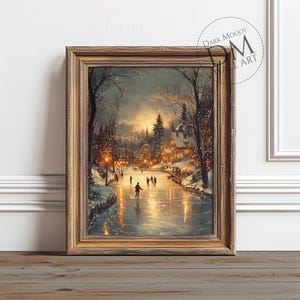 Winter Skating Scene Printable Wall Art, Vintage Christmas Village Print, Vintage Digital Download