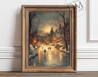 Winter Skating Scene Printable Wall Art, Vintage Christmas Village Print, Digital Download