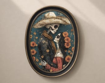 May include: An oval framed artwork depicts a skeletal couple embracing, set against a teal background with orange flowers. The male figure wears a sombrero and jacket, while the female figure has flowers in her hair and a red dress. The frame is black with a gold inner edge.