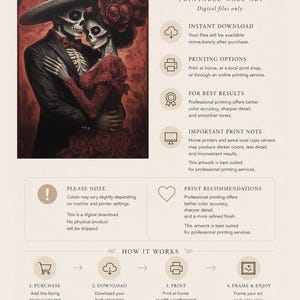 May include: Digital download wall art depicting a couple in the style of D&iacute;a de Muertos. The artwork shows a man in a black suit and hat embracing a woman in a red dress, both with skull makeup. The image includes text about printing and digital files.