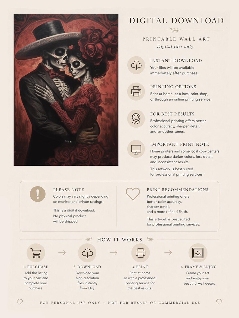 May include: Digital download wall art depicting a couple in the style of D&iacute;a de Muertos. The artwork shows a man in a black suit and hat embracing a woman in a red dress, both with skull makeup. The image includes text about printing and digital files.