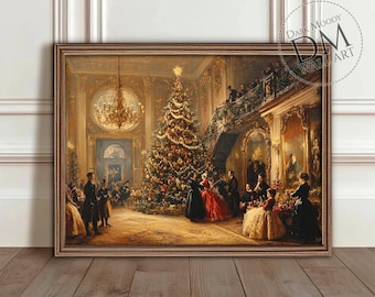 Victorian Vintage Christmas Printable Wall Art, Grand Holiday Tree Party Scene, Vintage Digital Download