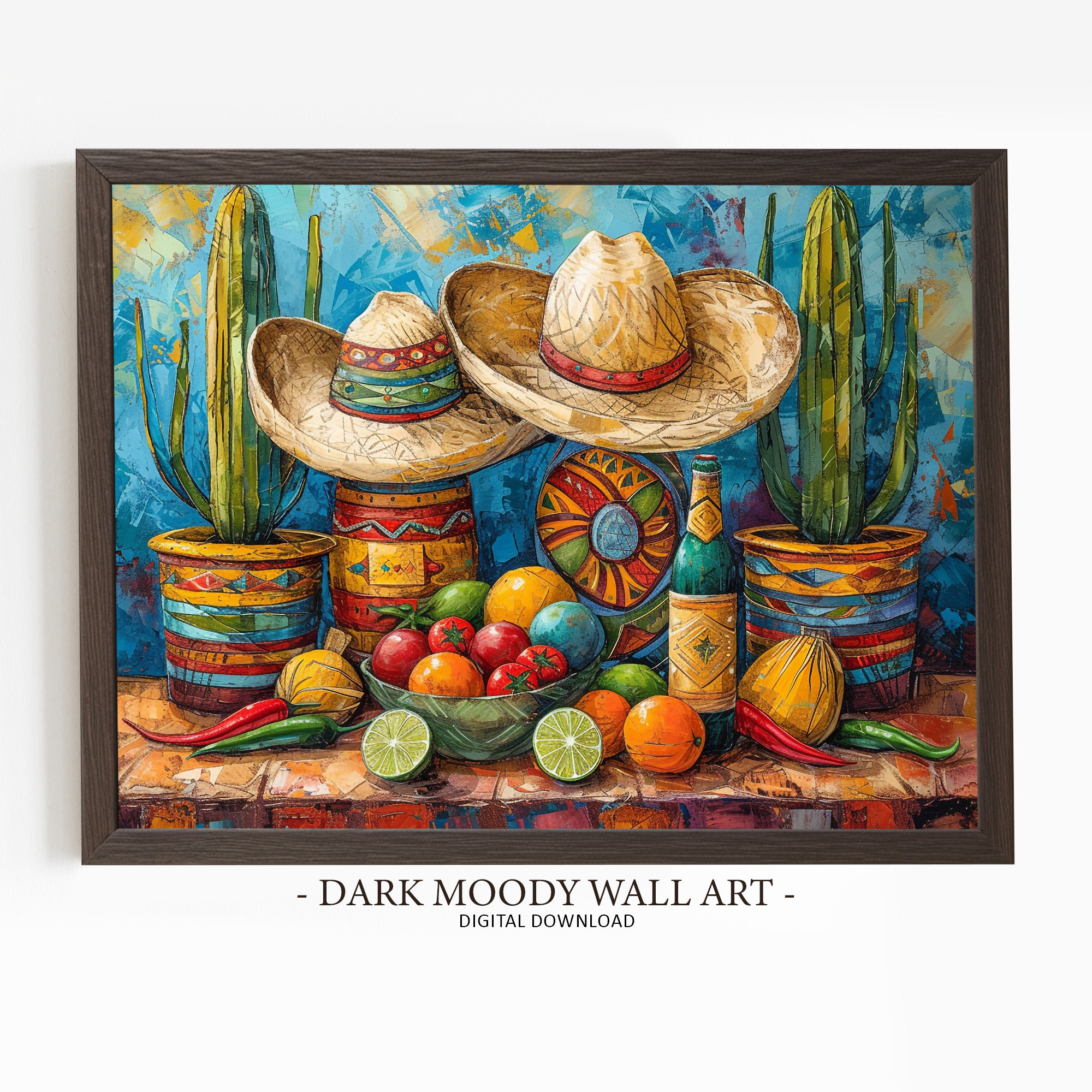 Mexican Still Life Printable Wall Art, Sombrero Cactus Kitchen Decor Print, Digital Download
