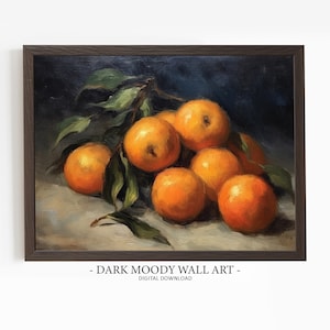 Tangerine Still Life, Printable Moody Wall Art, Vintage Kitchen Fruit Print, Digital Download