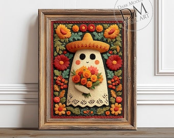 Mexican Ghost Wall Art Printable, Cute Floral Boo Print, Dia De Muertos Kids Room Decor