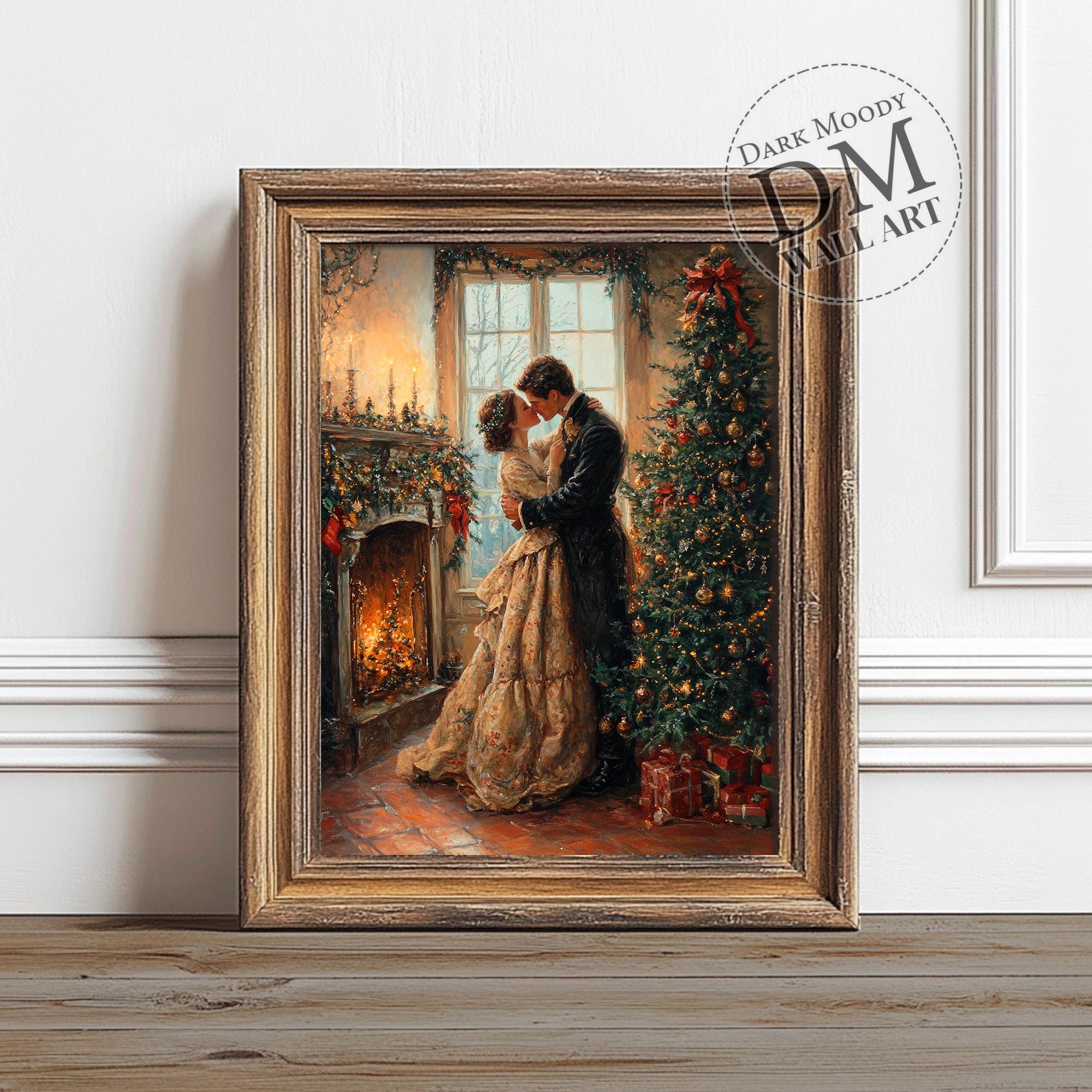 Victorian Christmas Couple, Printable Dark Moody Wall Art, Romantic Fireplace Holiday Print, Digital Download