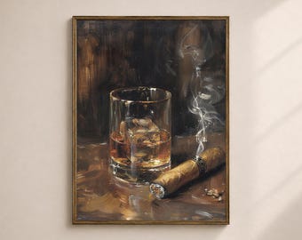 Puede incluir: Pintura enmarcada que representa un vaso de whisky con cubitos de hielo y un cigarro encendido. La obra de arte presenta una paleta de colores cálidos con tonos marrones y dorados, y volutas de humo que se elevan del cigarro.
