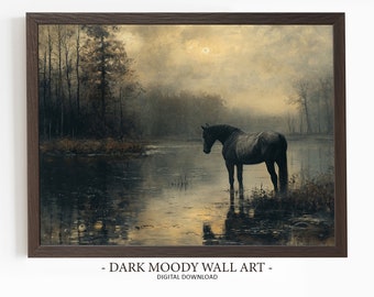 Peinture cheval noir, impressions de paysages lugubres, art cottagecore sombre lac, décoration murale rustique brumeux imprimable
